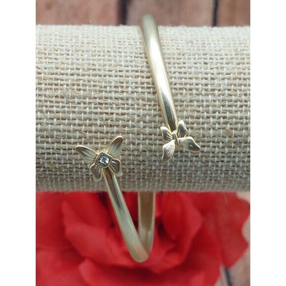 Lucky Brand Brushed Gold Tone Cuff  Bangle Bracelet Hinged Butterflies Crystal - Picture 7 of 11